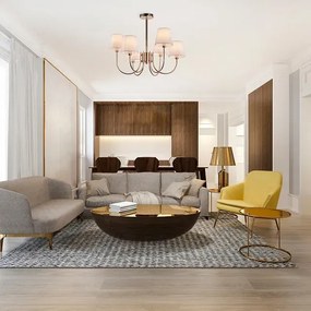 Złoty sześcioramienny żyrandol z tkaninowymi kloszami - V195-Berkel