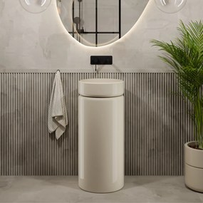 Umywalka z konglomeratu wolnostojąca okrągła beżowa błyszcząca 85 x 40 cm RONA Beige Glow : Podłączenie syfonu - Do podłogi