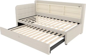 Łóżko wysuwane 90/180 x 200 cm - Łóżko podwójne z podłokietnikami i ładowarką USB - beżowa pościel - materac nie jest wliczony w cenę