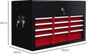 HOMCOM Skrzynka na Narzędzia, Zamykana, 3 Szuflady, Obudowa Stalowa, 60x26x34cm, Czerwony+Czarny