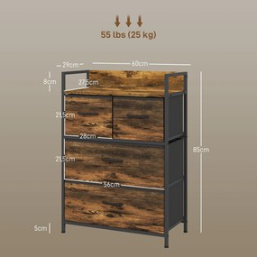 HOMCOM Komoda, Kredens, 4 Szuflady Materiałowe, Design Industrialny, 60x29x85cm, Brąz/Czarny