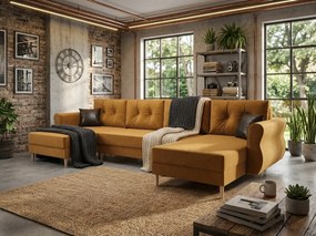 Rozkładana sofa narożna w kształcie U SILVIANO 300x140 cm, musztardowa + 2 poduszki GRATIS