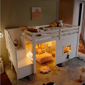 Łóżko piętrowe dla dzieci - 90 x 200 cm - ze schodkami do przechowywania i oknem - MDF i drewno - białe