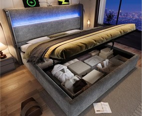 Łóżko z boxem pikowane 140x200 cm - z oświetleniem LED - z portami USB i Type-C - tkanina lniana - Szary (bez materaca)