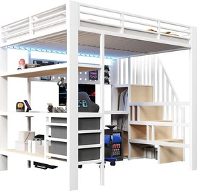 Łóżko piętrowe metalowe dla dzieci - 140 x 200 cm - z półkami + szufladami + biurkiem + drabinką + diodami LED - białe