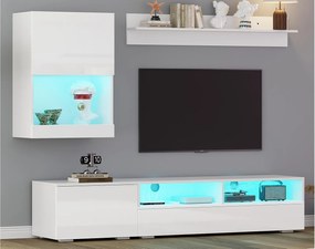 Zestaw mebli pod TV 3-częściowy - szafa pod TV + szafka ścienna + półka ścienna - z oświetleniem LED i wykończeniem wysokiego połysku - biały
