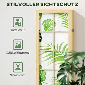 HOMCOM 4-częściowy parawan, składany, design boho, tropikalny motyw, wolnostojący parawan, rama drewniana, zielony | Aosom PL