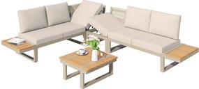 Salon ogrodowy - zestaw mebli - 6 osób - ze stali ocynkowanej - kanapa narożna - ze stolikiem kawowym - blat z tworzywa drewnopodobnego - Beżowy