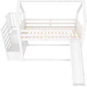 Łóżka piętrowe - 2 x 90 x 200 cm - ze schodkami do przechowywania + zjeżdżalnia - łóżko kabinowe - drewniane - białe