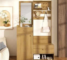 Zestaw wieszakowy do przedpokoju 105x38x180 cm - z lustrem - z regulowanymi hakami - 2 szuflady i 1 drzwi - Naturalny