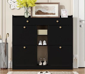 Szafka na buty 110 x 26 x 100 cm - z 4 drzwiami - 2 szufladami - 3 otwartymi przegrodami - czarna