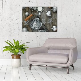 Obraz na szkle - srebrne ozdoby świąteczne (70x50 cm)