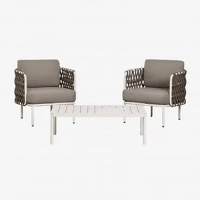 Zestaw Ogrodowy Z 2 Fotelami Z Plecionej Liny Tevary I Stolikiem Kawowym Z Aluminium Boleni Tkanina W Kolorze Orzecha Laskowego - Sklum