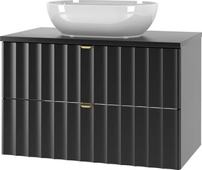 Czarny Zestaw Łazienkowy 80cm Szafka z Blatem Umywalka Ryflowane Fronty Arcos