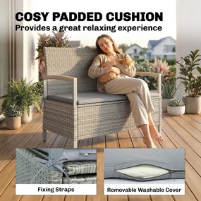 Outsunny Ławka Ogrodowa Rattan 170L 2-osobowa Ławka z Schowkiem Zdejmowana Poduszka Zamek Błyskawiczny Drewniane Podłokietniki | Aosom PL