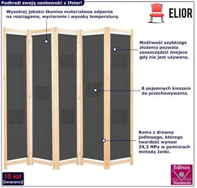Szary 5 panelowy parawan z drewnianą ramą - Ifoter