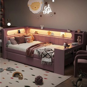 Sofa rozkładana - 90 x 200 + 90 x 190 cm - z diodami LED + łóżko wysuwane + biurko + schowek - płyta MDF + len - różowa