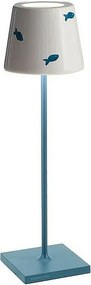 Zafferano Poldina Lido lampa stołowa LED z motywem niebieskich rybek, akumulatorowa, ściemnialna, IP65, do 12 h pracy