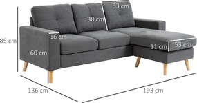 HOMCOM Sofa narożna L kształt Elegancka ciemnoszara Imitacja lnu Przestronna do salonu Wymiary 193x136x85 cm | Aosom PL
