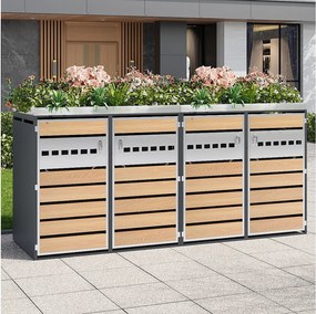 Schowek na 4 ogrodowe kosze na śmieci - 2 x 132 x 80 x 124,5 cm - z 4 drzwiami + nasadzeniami + z zamkiem - metal - szary + naturalny