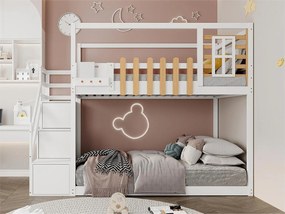 Łóżko piętrowe z pojemnikiem - 2 x 90 x 200 cm - 3 wnęki - stelaż listwowy - kolor biały