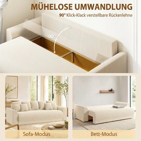 HOMCOM Sofa rozkładana 190x150 cm 3-osobowa z funkcją spania, poduszki, schowek, wygląd sztruksu do salonu, beżowa | Aosom PL