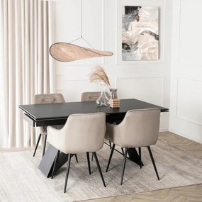 Zestaw Stół Prostokątny Rozkładany VICTOR 160-240 cm Czarny Marmur i 4 Krzesła MODESTO Beżowe Welurowe Nowoczesne