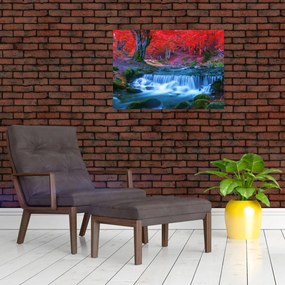 Obraz wodospadu w czerwonym lesie (70x50 cm)