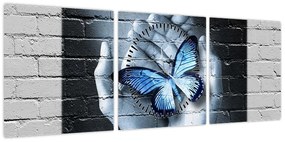 Obraz - Motyl na ścianie (z zegarem) (90x30 cm)
