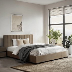 Łóżko Tapicerowane 160x200 cm ze Stelażem i Pojemnikiem Dwuosobowe MARI Welurowe Beżowe