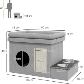 PawHut Domek dla kota, Miejsce na jedzenie z 2 miskami ze stali nierdzewnej, Drapak, miękka poduszka do leżenia, 78 x 48 x 49,5 cm, szary