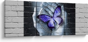 Obraz - Fioletowy motyl na ścianie (z zegarem) (90x30 cm)