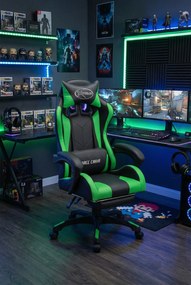 Czarno-zielony fotel gamingowy z podnóżkiem C5-H92