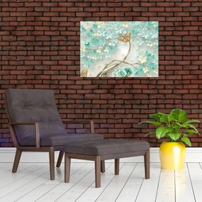 Obraz na szkle - kwiat z motylami (70x50 cm)
