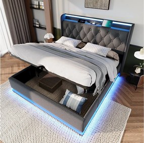Łóżko 180x200 cm z pojemnikiem - Łóżko podwójne z oświetleniem LED i ładowaniem USB - Szary len - Bez materaca