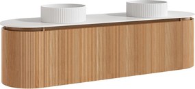 Wisząca szafka łazienkowa ryflowana z podwójną okrągłą umywalką nablatową ryflowaną – Jasny naturalny – S180 cm – LILIKO