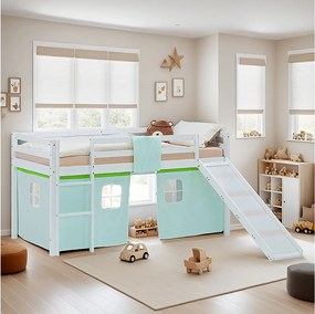 Łóżko piętrowe dla dzieci 90x200 cm białe z zieloną zasłoną