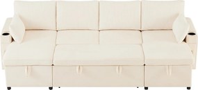 Kanapa 4-miejscowa - z uchwytami na napoje - z poduszkami - Chenille i sztruks welurowy - beżowy