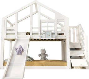 Łóżko piętrowe z litego drewna 90×200 cm - ze zjeżdżalnią i schodami z miejscem do przechowywania - białe