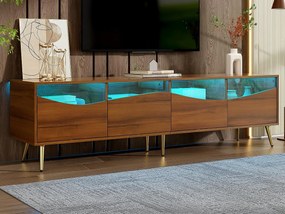 Nowoczesna szafa TV 180x40x50 cm - 4 szuflady - z oświetleniem LED - Nogi metalowe - Front szklany - Brązowy