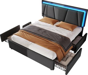 Łóżko tapicerowane 160x200cm z lnu - z 2 szufladami + LED + stelażem na listwy - Szary