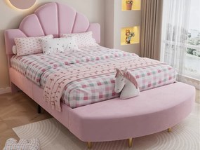 łóżko dziecięce 140x200 cm - z ławką w nogach łóżka - z stelażem lamelowym - Welur + sklejka - Różowy (bez materaca)