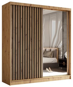 Szafa przesuwna - Lameo z lustrem 200 cm, dąb artisan | lamele czarny mat
