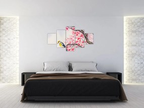 Obraz - ptak na drzewie z czerwonymi kwiatami (125x70 cm)