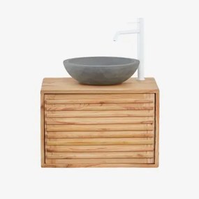 Zestaw Wiszących Mebli Łazienkowych Z Drewna Deleyna Naturalna & Okrągły Szary Cement Ø40 Cm Tarsis - Sklum