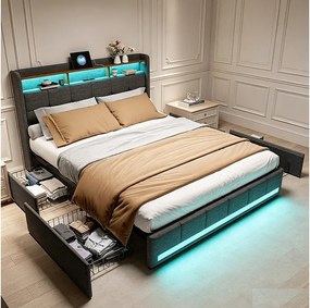 Łóżko podwójne 140x200 cm szare z szufladami, oświetleniem LED RGB 6000 kolorów i wbudowanymi portami USB, oddychająca tkanina lniana