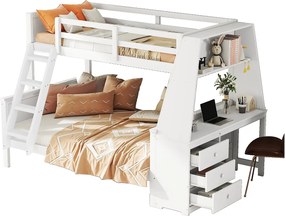 Łóżko piętrowe 140x200cm - biurko z boku z 3 dużymi szufladami - Białe