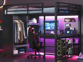 Łóżko na antresoli 140×200 cm - z LED - z biurkiem i otwartą szafą - Metalowe - Czarne (bez materaca)