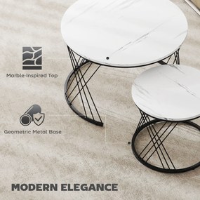 HOMCOM Okrągłe stoły kawowe w zestawie 2 szt., marmurowa powierzchnia, płyta wiórowa, metal, łatwość w przechowywaniu, Biały