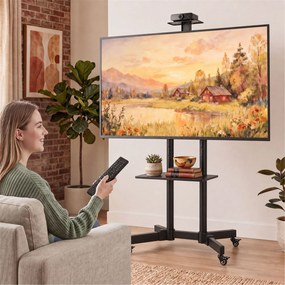 HOMCOM Mobilny stojak na TV na kółkach do 81,3-190,5 cm, wózek TV z pochyleniem, regulacja wysokości, kółka z hamulcem, czarny | Aosom PL